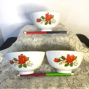 Chinese Floral Rice Bowls 3x White w/ Red Roses - Gold Trim - Tatung